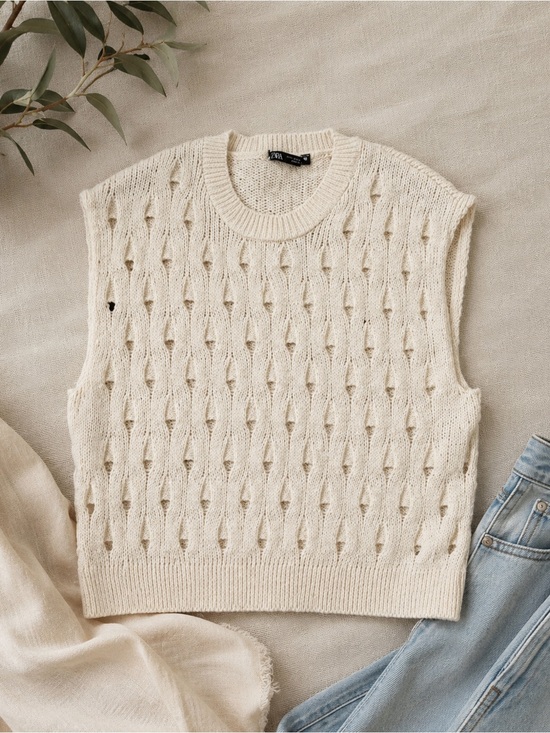 Zara Sweaters - Zara Open Knit Crochet Sweater Vest Cream Ivory Sleeveless Top Size M Coastal